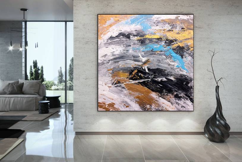 Gold Hand-painted Leaf Abstract Canvas Artwork for Office Y0GW6